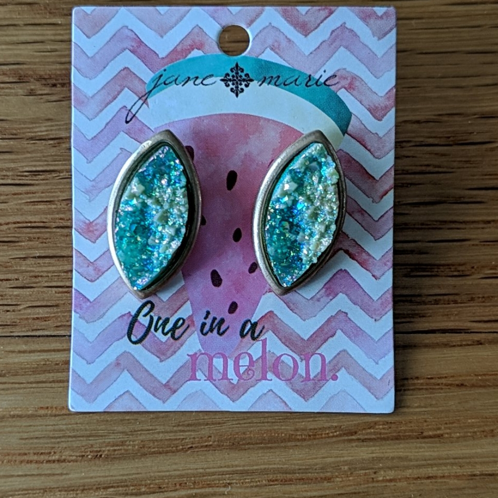 Teal And Gold Textured Stone Stud Earrings 12$